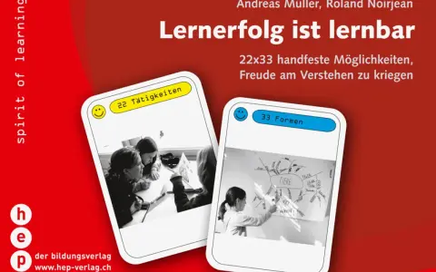 Zwei Karten zeigen eine positive lernatmosphäre: Kinder lernen gemeinsam und eine Schülerin erklärt eine Mindmap.