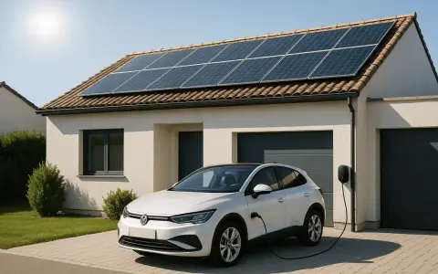 Coche eléctrico blanco cargando en casa con placas solares en el tejado.