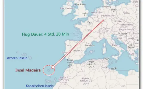 Flugroute von Mitteleuropa zur Insel Madeira, die zu Portugal gehört. Flugdauer 4 Std. 20 Min.