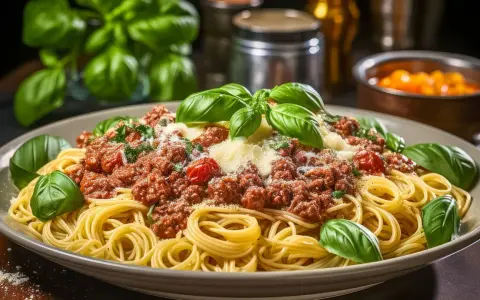 Ein Teller Spaghetti mit einer reichhaltigen, fleischigen Bolognese-Sauce, garniert mit frischem Basilikum und Parmesan. Das ist die beste Bolognese!