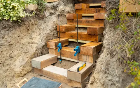 Construction d'un escalier en bastaing dans une pente. Des serre-joints bleus maintiennent les poutres en bois pendant que le niveau à bulle assure la précision.