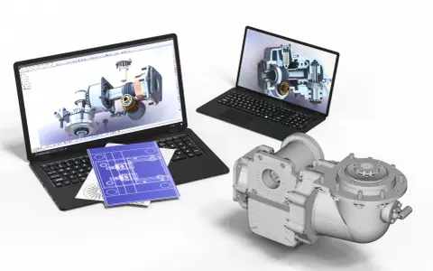 Dwa laptopy z wizualizacjami 3D mechanizmów, niebieskie plany i model części. To efekt pracy z programem cad skrót.