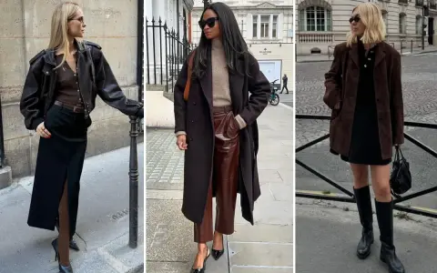 Tre donne sfoggiano outfit eleganti. Il marrone e fucsia stanno bene insieme, come dimostrano i dettagli in pelle e i collant.