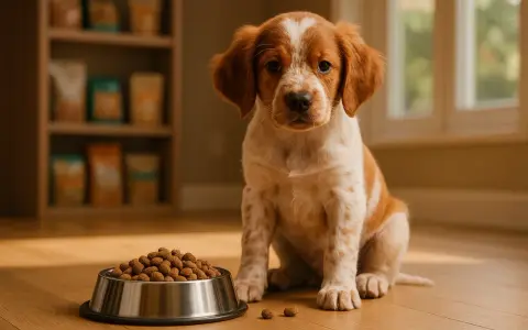 Adorable chiot Epagneul Breton, prêt à déguster sa gamelle. Une alimentation saine pour un chien plein de vie.