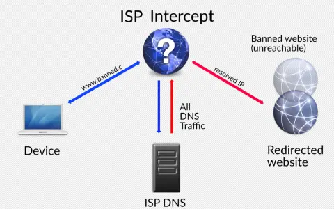 Ein Gerät versucht, eine gesperrte Website zu erreichen. Der ISP-DNS fängt den DNS-Verkehr ab und leitet ihn um, was zu DNS Hijacking führt.
