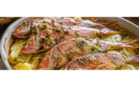 Cuatro salmonetes al horno, dorados y con hierbas, reposan sobre patatas laminadas en una fuente blanca.