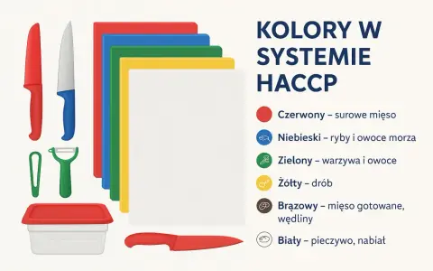 Kolory desek do krojenia w systemie HACCP: czerwona dla surowego mięsa, niebieska dla ryb, zielona dla warzyw, żółta dla drobiu, brązowa dla wędlin, biała dla pieczywa.