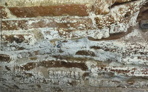 Mur de briques anciennes couvert de salpêtre, témoignant d'une humidité persistante. Une petite vis est visible.