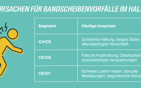 Grafik zeigt Ursachen für HWS C6/C7 Symptome: schlechte Haltung, schweres Heben, degenerative Abnutzung.