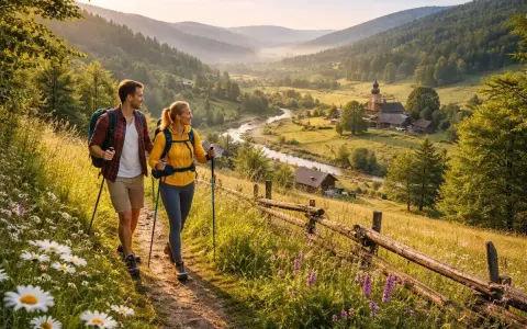 Para wędruje malowniczymi **beskid niskie szlaki**, podziwiając dolinę z rzeką i drewnianą zabudową.