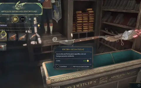 En la tienda de escobas de Hogwarts Legacy, se muestra la "Escoba Ascua Fugaz", ideal para jugadores con temperamento ardiente.