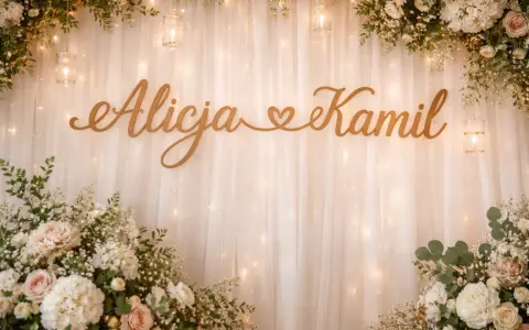 Drewniane imiona na ściankę weselną: Alicja i Kamil, ozdobione kwiatami i światełkami.