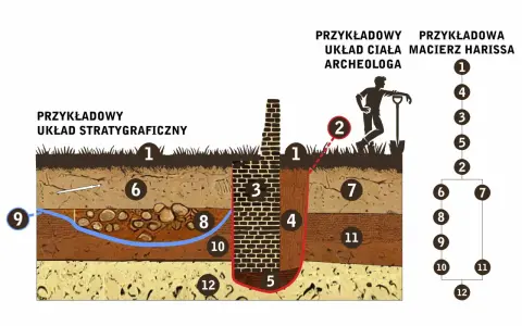 Schemat stanowiska archeologicznego geoportal: przekrój ziemi z warstwami, archeolog i macierz Harissa.