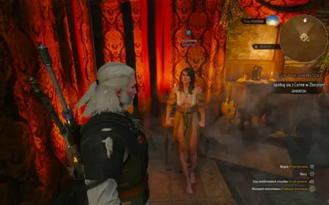 Geralt rozmawia z Corine Tilly w Złocistym Jesiotrze. To sen w wielkim mieście Wiedźmin 3.