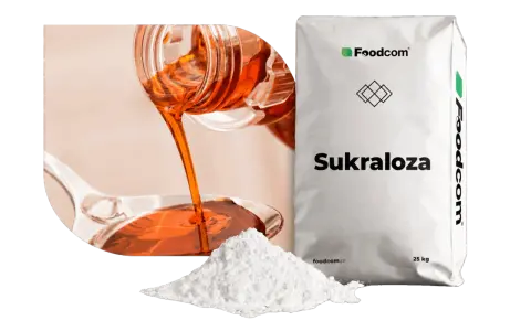 Płynna i proszkowa sukraloza, słodzik. Czy sukraloza jest szkodliwa? Worek z napisem "Sukraloza" i logo Foodcom.