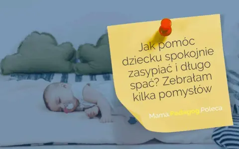 Niemowlę śpi spokojnie, a na żółtej kartce z pinezką pytanie: "Jak pomóc dziecku zasypiać i długo spać?". To klucz do głębokiego snu.