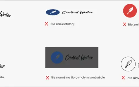 Zasady użycia logo Content Writer: nie obracaj, nie zniekształcaj, nie zmieniaj koloru, układu, tła ani obrysu. Zachowaj pole ochronne znaku.