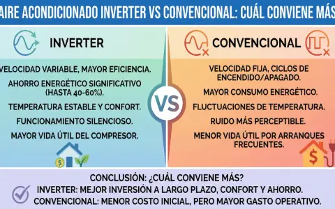 Comparativa de aire acondicionado Inverter vs. Convencional. El Inverter ofrece mayor eficiencia y ahorro, lo que significa que invertir en aire acondicionado Inverter es una mejor opción a largo plazo.