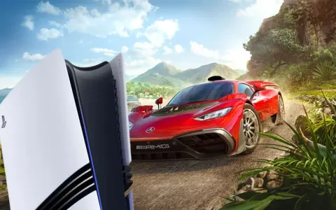 Konsola PS5 obok czerwonego supersamochodu na tle meksykańskiego krajobrazu. Data wydania Forza Horizon 5 już wkrótce!