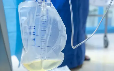 Worek na mocz z widocznym płynem i miarką. Zastanawiasz się, dlaczego mocz leci obok cewnika? Może to być problem z jego umiejscowieniem lub drożnością.