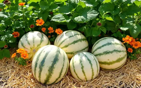 Cinq beaux melons d'eau rayés, prêts à être récoltés, reposent sur de la paille, entourés de fleurs orange vif et de feuillage vert luxuriant. Un plan de melon parfait.