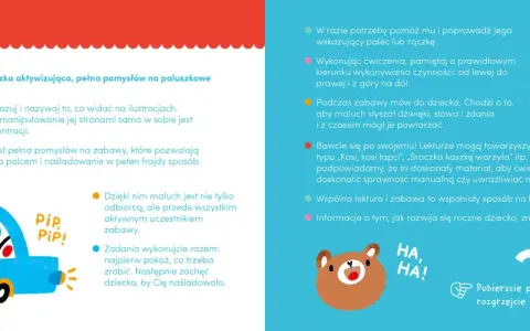 Niebieski samochód z misiem i dzieckiem w środku, ilustracja do zabawy paluszkowej.