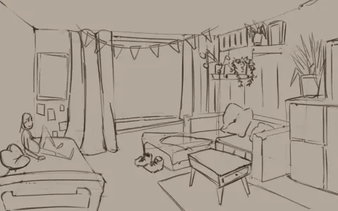 Eine Skizze zeigt ein gemütliches Wohnzimmer, das Kinder gezeichnet haben. Ein Bett, ein Sofa und ein Couchtisch sind zu sehen.