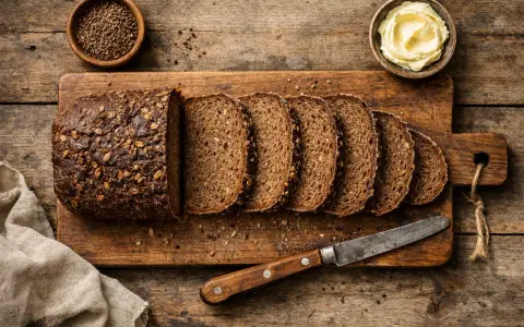 Ein Laib dunkles, kerniges Schwarzbrot, in Scheiben geschnitten, daneben Butter und Kümmelsamen. So sieht ein herzhaftes Schwarzbrot aus.