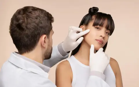 Un médecin examine le visage d'une jeune femme, suggérant une consultation pour une pilule contre l'acné.