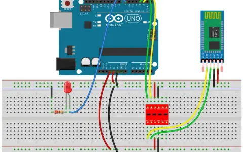 Circuito con Arduino Uno e modulo **arduino bluetooth** HC-05 collegati su breadboard, con LED e resistore.