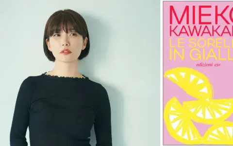 Ritratto di Mieko Kawakami accanto alla copertina del suo libro "Le sorelle in giallo", con limoni stilizzati su sfondo rosa.