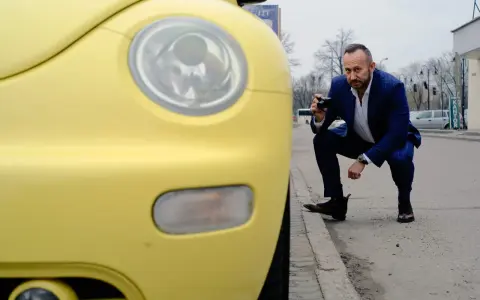 Rzeczoznawca samochodowy w garniturze klęczy przy żółtym samochodzie, robiąc zdjęcie aparatem.