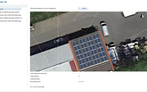Projekt instalacji fotowoltaicznej na dachu budynku. Widoczne panele PV, dane techniczne: 48 modułów, moc 20,64 kWp.