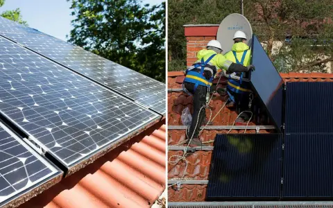 Två bilder visar installation av solceller. Till vänster syns solpaneler på ett tak. Till höger monterar två personer solpaneler, redo att generera solceller kwh.