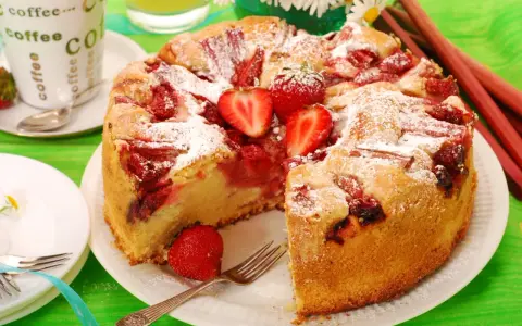 Pyszne ciasto drożdżowe z truskawkami, posypane cukrem pudrem, czeka na spróbowanie. Obok filiżanka kawy i świeże truskawki.