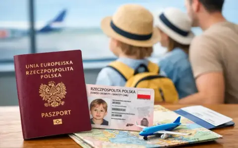 Polski paszport i dowód osobisty (eea national id card co to) na tle rodziny czekającej na samolot.