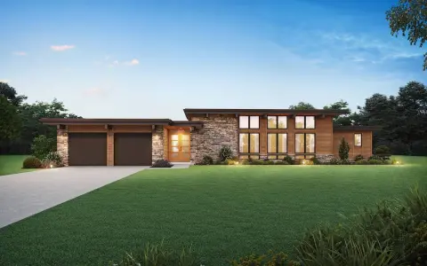 Une élégante maison bois moderne plain pied avec garage double, façade en pierre et grandes fenêtres.