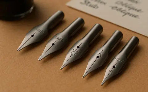 Fakta om pennan: fem reservoarspetsar i metall, märkta "Stub", "Italic" och "Obic", ligger på ett brunt underlag.