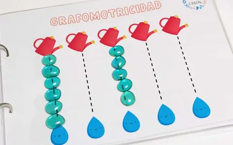 Actividad de grafomotricidad divertida: regaderas rojas vierten gotas de agua con caritas sonrientes. ¡Aprender a trazar líneas es un juego!