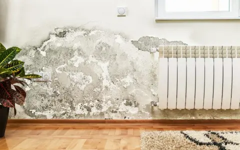 Détérioration d'un mur intérieur due à l'humidité, avec des traces de moisissure et de peinture écaillée. Une plante verte et un radiateur sont visibles.