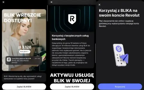 Revolut przelew na telefon z BLIKIEM. Aplikacja pokazuje możliwości płatności i wypłat gotówki.