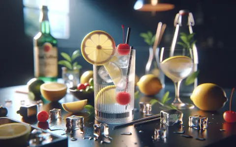 Orzeźwiający Tom Collins i John Collins z cytryną i wiśnią, obok butelki ginu i składników.