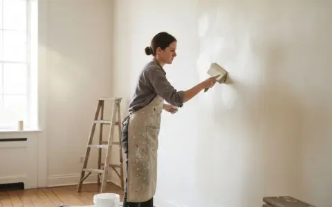 Femme appliquant une peinture à la chaux, un travail qui peut révéler des inconvénients comme des traces si mal appliqué.