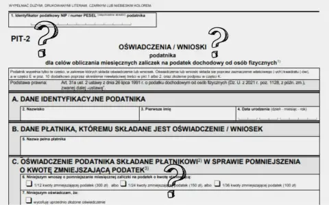 Formularz PIT-2, wniosek o pomniejszenie zaliczki na podatek. W sekcji C podatnik może zadeklarować kwotę zmniejszającą podatek.