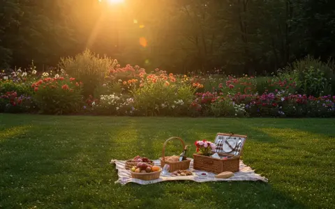 Ein idyllischer Picknickplatz im Abendlicht, umgeben von bunten Blumen. Perfekt für Berlin Geheimtipps abseits des Trubels.
