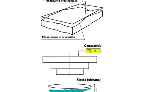 Ilustracja pokazuje odchyłkę płaskości i strefę tolerancji 't'. Rzeczywista powierzchnia jest porównywana z płaszczyzną przylegającą.