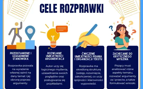Cele rozprawki: przedstawienie stanowiska, rozwijanie argumentacji, ćwiczenie pisania i organizacji tekstu, zachęcanie do krytycznego myślenia.