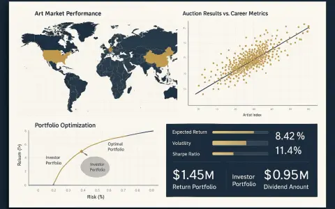 Visualizing art finance: world map of art market performance, auction results vs. artist index, portfolio optimization, and key financial metrics.