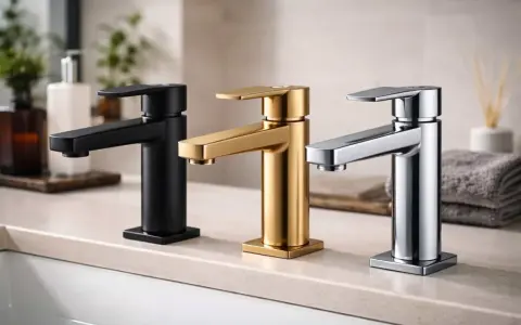 Trois robinets modernes : noir mat, doré et chromé, illustrant la diversité de la couleur robinetterie pour une salle de bain élégante.