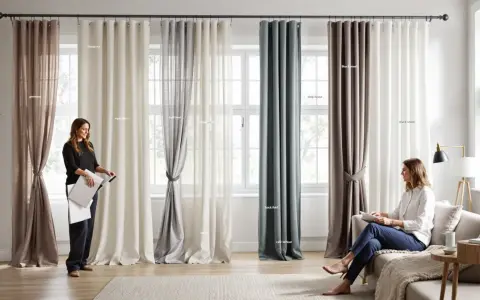 Un aperçu de différents types de rideaux, du lin léger au velours épais, présentés dans un salon lumineux.